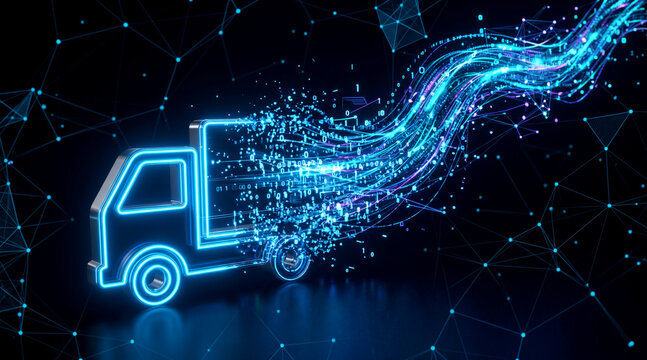 Digital delivery truck icon transforming into glowing data streams and binary code on network background