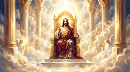 Obraz premium Jesus Christ sitting on golden throne in heaven. Religious illustration of messiah surrounded by angel and light in paradise. Divine scene for Easter and church celebration concepts.
