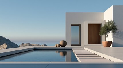 Fototapeta premium Modern minimalist white villa with infinity pool overlooking the sea, featuring natural elements and serene ambiance