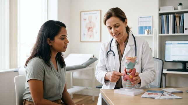 Woman doctor explaining thyroid anatomy to young woman patient using anatomical model. Endocrinologist consultation in clinic. Medical education, health examination and disease awareness.