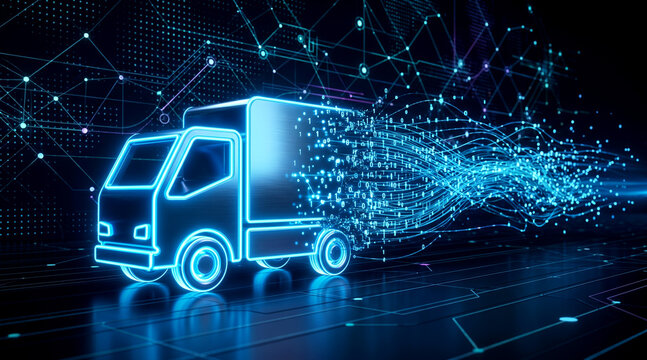 Digital delivery truck concept with glowing data stream trails on a futuristic network background