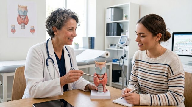 Woman doctor showing thyroid model to young woman patient in clinical office. Medical consultation regarding endocrine system. Endocrinology health checkup and diagnostic examination.