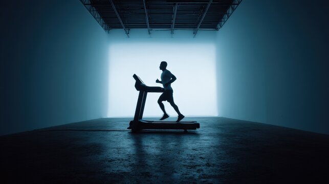 Silhouette of a man running on a treadmill in a dimly lit, modern gym with dramatic lighting