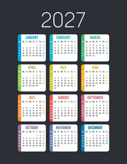 2027 English Calendar Colorful Vector with Week Numbers on Black Background, Wall Planner Design © mozZz