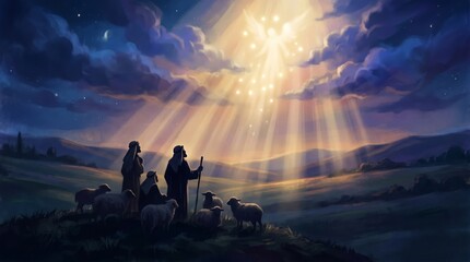 Obraz premium Shepherds with sheep gazing at angel in sky at night. Biblical scene of Nativity announcement with bright divine light. Christmas religious illustration for holiday greeting card design.