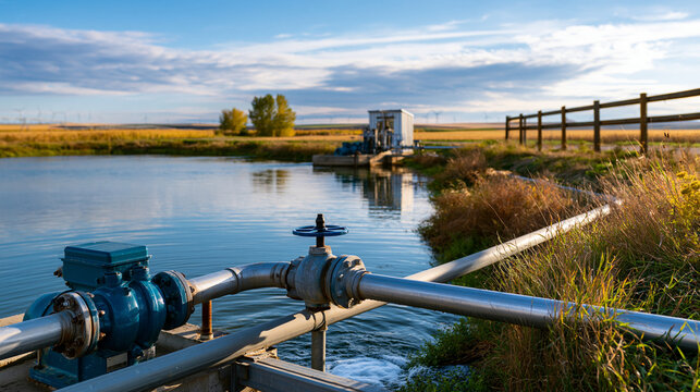 Farm pond and irrigation pump station with agricultural water management infrastructure serving fields in a photorealistic wide landscape at calm rural mood
