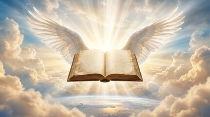 Naklejka premium Open ancient book with white angel wings floating in cloudy sky with bright divine light. Religious christian concept of wisdom, holiness, heaven and spirituality. Miracle belief.