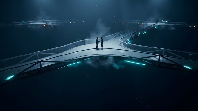 Silhouetted figures meeting on floating glass bridge - Suitable for corporate mergers, team alignment, or international trade.