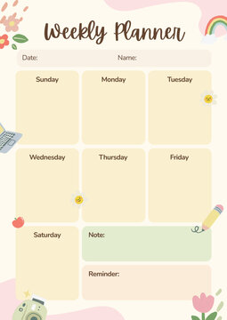 Pink Yellow and Green Playful Weekly Planner A4 Document.eps