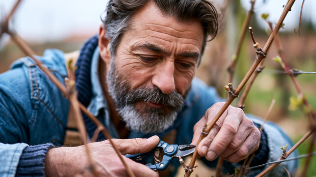Man pruning grapevines in a vineyard during early spring, careful manual labor and crop management, photorealistic premium commercial stock photography