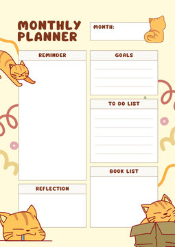 Yellow and Brown Playful Cats Monthly Planner Spiral Notebook.eps