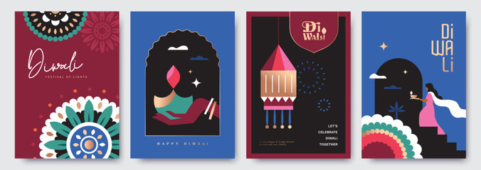 Set of Happy Diwali festival greeting card, poster, cover, banner, vector illustration with lantern, oil lamp, rangoli pattern and an Indian lady holding diya in geometric flat modern style. © BrixStudioIN
