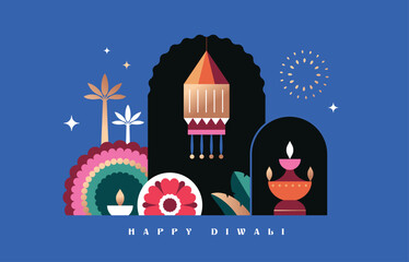Obraz premium Happy Diwali greeting card, poster, flyer, cover, vector illustration with diya, rangoli, fireworks and lantern.