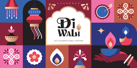 Happy Diwali festival greeting card, poster, cover, banner, vector illustration with diya, lantern, oil lamp and Indian pattern in geometric flat modern style. © BrixStudioIN