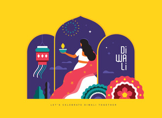 Happy Diwali greeting card, poster, flyer, cover, vector illustration with an Indian lady holding diya, lantern, rangoli pattern, fireworks and typography design. © BrixStudioIN