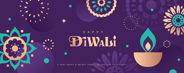Happy Diwali festival greeting card, poster, cover, banner, vector illustration with golden Indian pattern and diya on purple color background. © BrixStudioIN