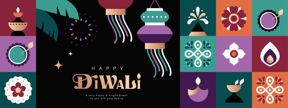 Happy Diwali festival greeting card, poster, cover, banner, vector illustration with diya, lantern, oil lamp and Indian pattern in geometric flat modern style.