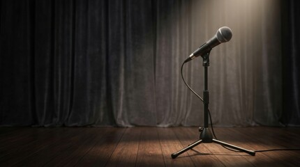 Obraz premium Microphone on stand under spotlight on empty stage with dark curtains