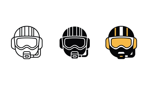 Pilot helmet with headset and visor icons in line solid and colored styles for aviation and flight themed graphic design
