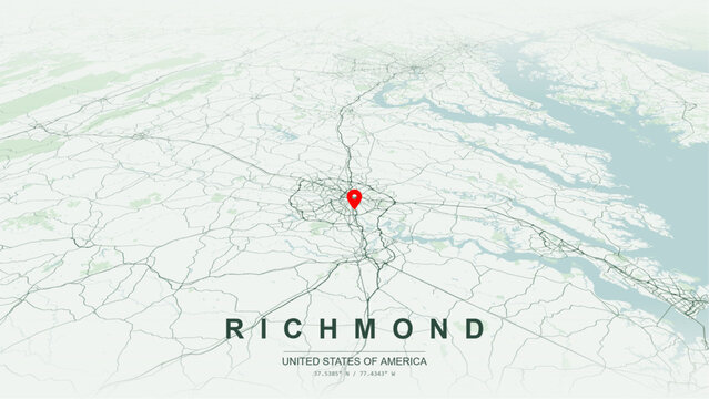 Minimalist vector map of Richmond, Virginia, USA. High-quality scalable illustration of Richmond city grid, James River fall line rapid layout, Interstate 95, Interstate 64, Route 1 for posters design