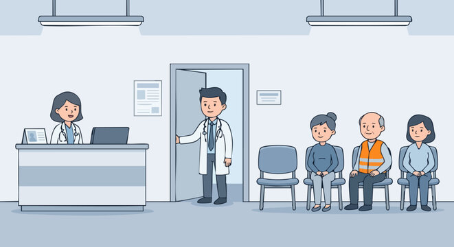 Medical clinic waiting room with patients and doctor, flat vector illustration of hospital reception area, healthcare facility interior with people