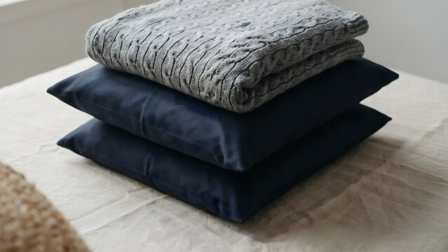 Stacked folded blankets on a beige carpet