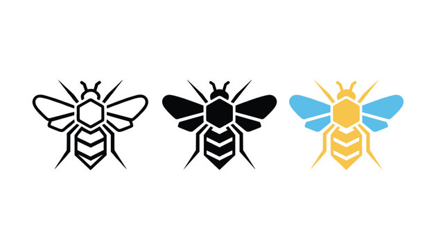 Honey bee insect icon set in three distinct graphic styles