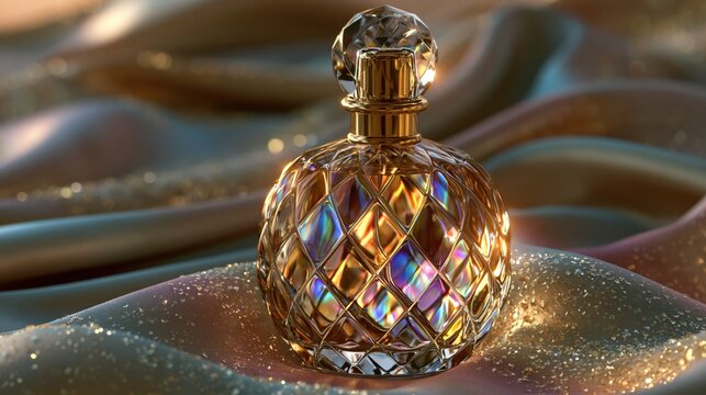 Luxuri&ouml;se Parfumflasche schwebend &uuml;ber flie&szlig;endem Seidentuch mit Kristallwasser-Spritzern