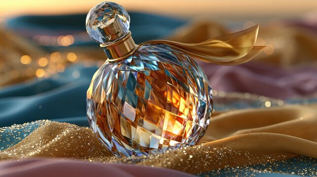 Luxuri&ouml;se Parfumflasche schwebend &uuml;ber flie&szlig;endem Seidentuch mit Kristallwasser-Spritzern