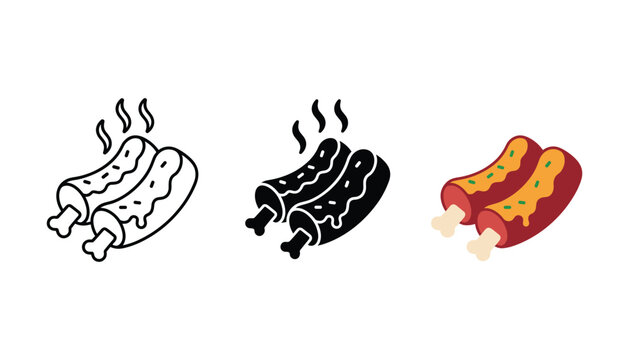 Grilled ribs icons set in three styles including outline solid black and colorful vector graphics for food menus restaurant branding and barbecue concepts