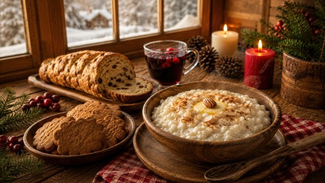Norwegisches Weihnachtsfr&uuml;hst&uuml;ck mit Risgr&oslash;t, Rosinenbrot und warmem Beerentrunk am verschneiten Fenster
