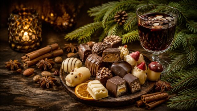 Norwegische Weihnachtss&uuml;&szlig;igkeiten mit Pralinen und Gl&oslash;gg auf Holztablett, stimmungsvolle Foodszene mit Tannengr&uuml;n