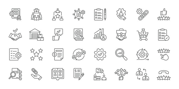 Vendor Assessment icons in line design. vendor assessment, supplier, evaluation, checklist, rating, contract, procurement on white background vector. Vendor Assessment editable stroke icons.