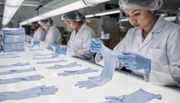 Full inspection footage showing quality control specialists carefully examining every glove seam and defect under illuminated tables emphasizing thorough assessment and product