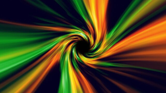 Abstract swirling energy vortex with vibrant green and orange light streaks spiraling into a dark central hole on a deep blue background for futuristic motion graphics