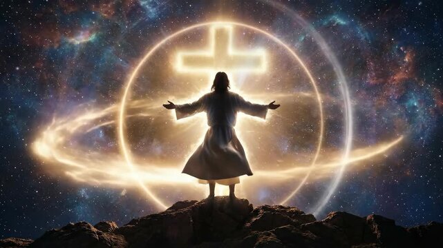 Jesus Christ standing on mountain top with arms outstretched. Divine light radiance and cosmic cross symbol. Religious catholic spiritual belief worship concept art.