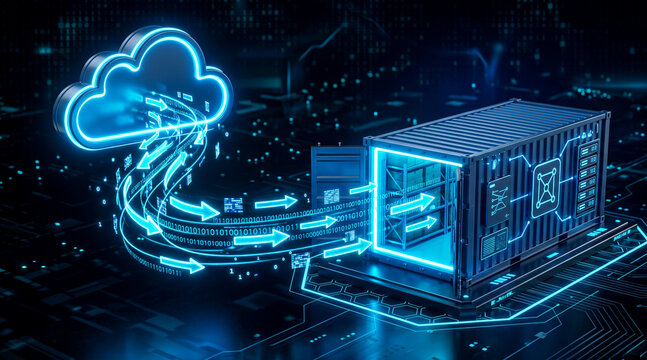 Cloud computing data migration concept with shipping container and digital flowing binary information
