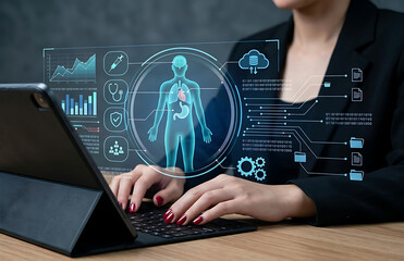 Fototapeta premium Modern Medical Artificial Intelligence Hologram for Digital Healthcare Diagnosis and Analysis