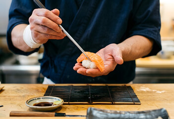 Obraz premium Professional chef preparing salmon nigiri sushi in traditional restaurant