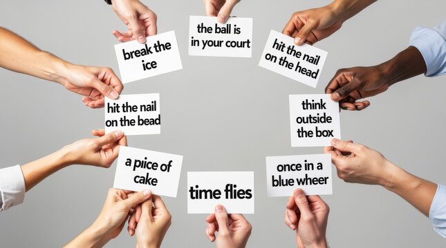 Hands holding cards with common English idioms
