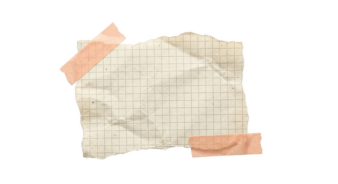 Torn piece of graph paper with tape isolated on transparent background