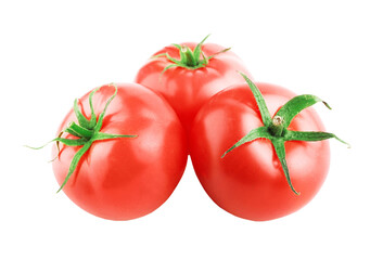 Three fresh ripe red tomatoes with green stems isolated on a transparent background. Concept of healthy organic food and raw vegetables. PNG . High quality photo © Kyrylo