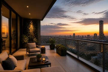 Obraz premium Apartment balcony seating area overlooking city skyline at sunset