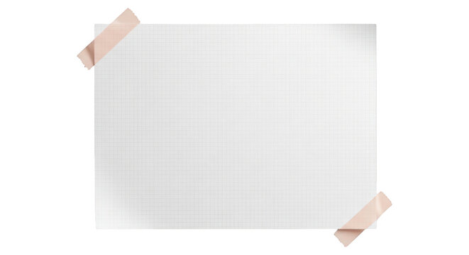 A sheet of white graph paper taped with beige strips on a transparent background
