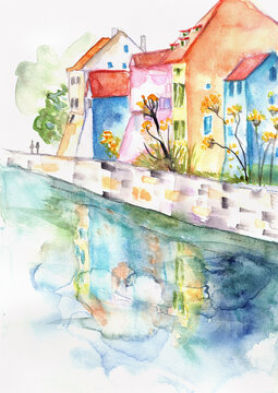Colmar Canal Townhouses with Colorful Reflections, Alsace France Travel Scene, Hand-Painted Watercolor