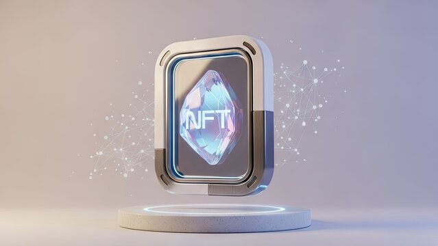 Abstract nft symbol floating above platform digital illustration