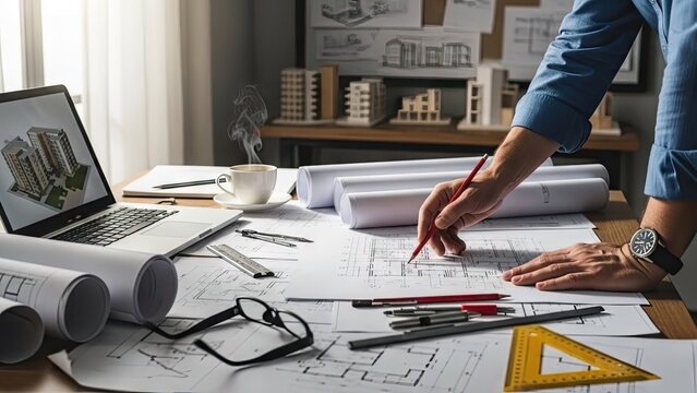 Architect at work designing building plans with blueprints and laptop