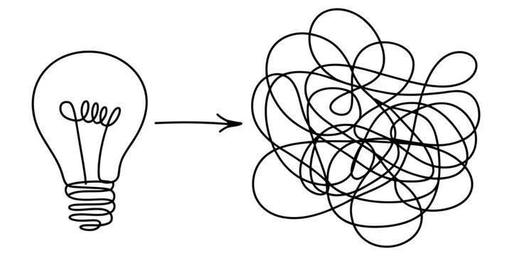 A simple hand drawn sketch of a light bulb transforming into a messy tangled scribble representing complex thoughts and problem solving concepts Vector, illustration