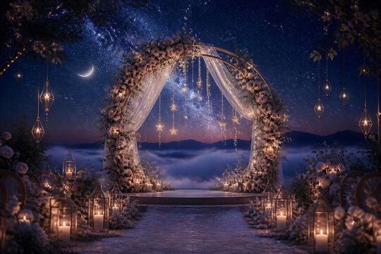 Floral wedding arch illuminated under starry night sky