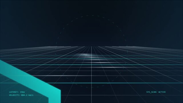 Futuristic digital grid landscape with geometric shape and data visualization.